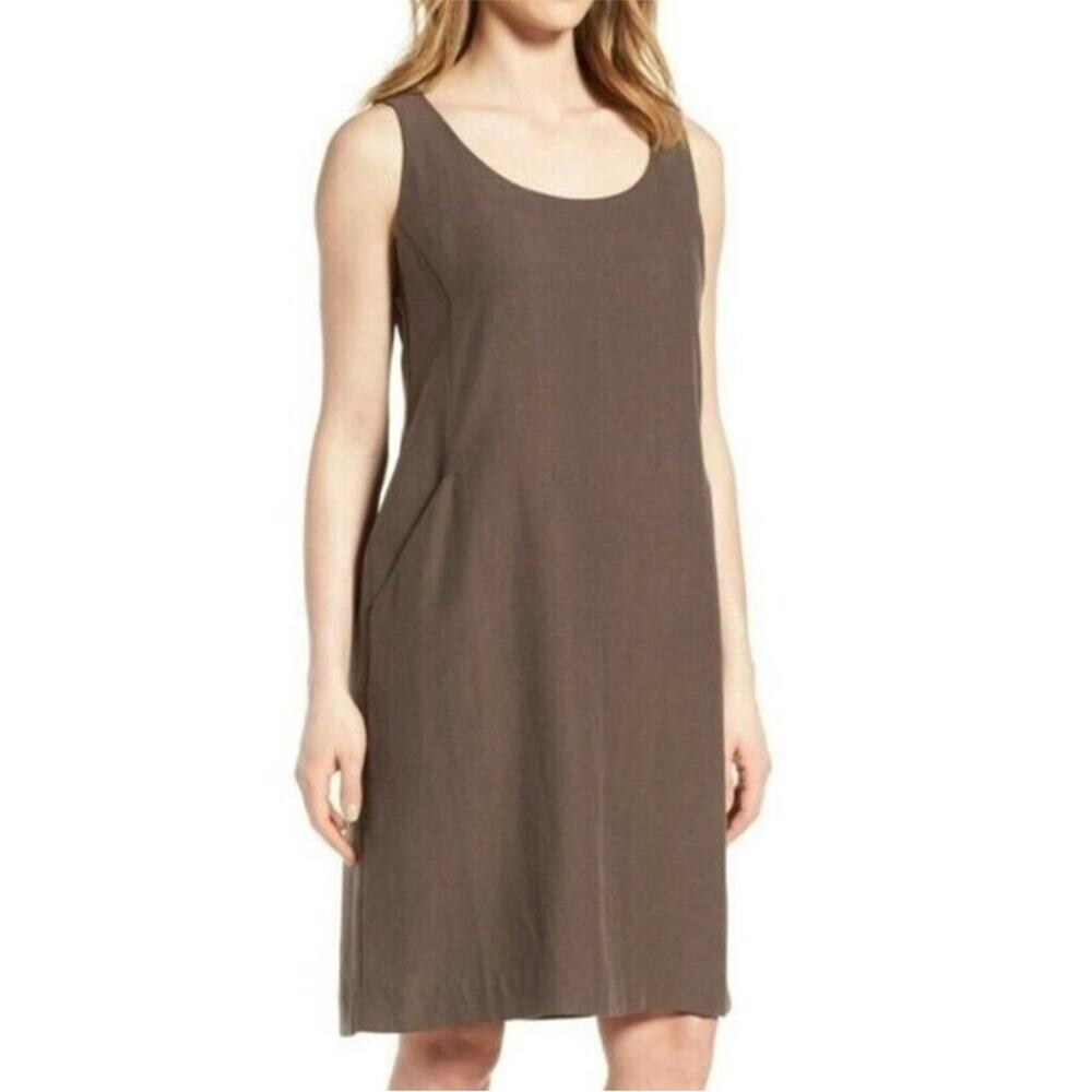 EILEEN FISHER Drapey Tencel Linen Scoop Neck Shift Dress Pockets Brown Small NEW - Picture 9 of 9